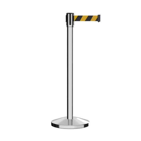 Montour Line Retractable Belt Barrier Stanchion, 2" Pol.Steel Post  9' Blk/Ye Belt M530-PS-BYD-90